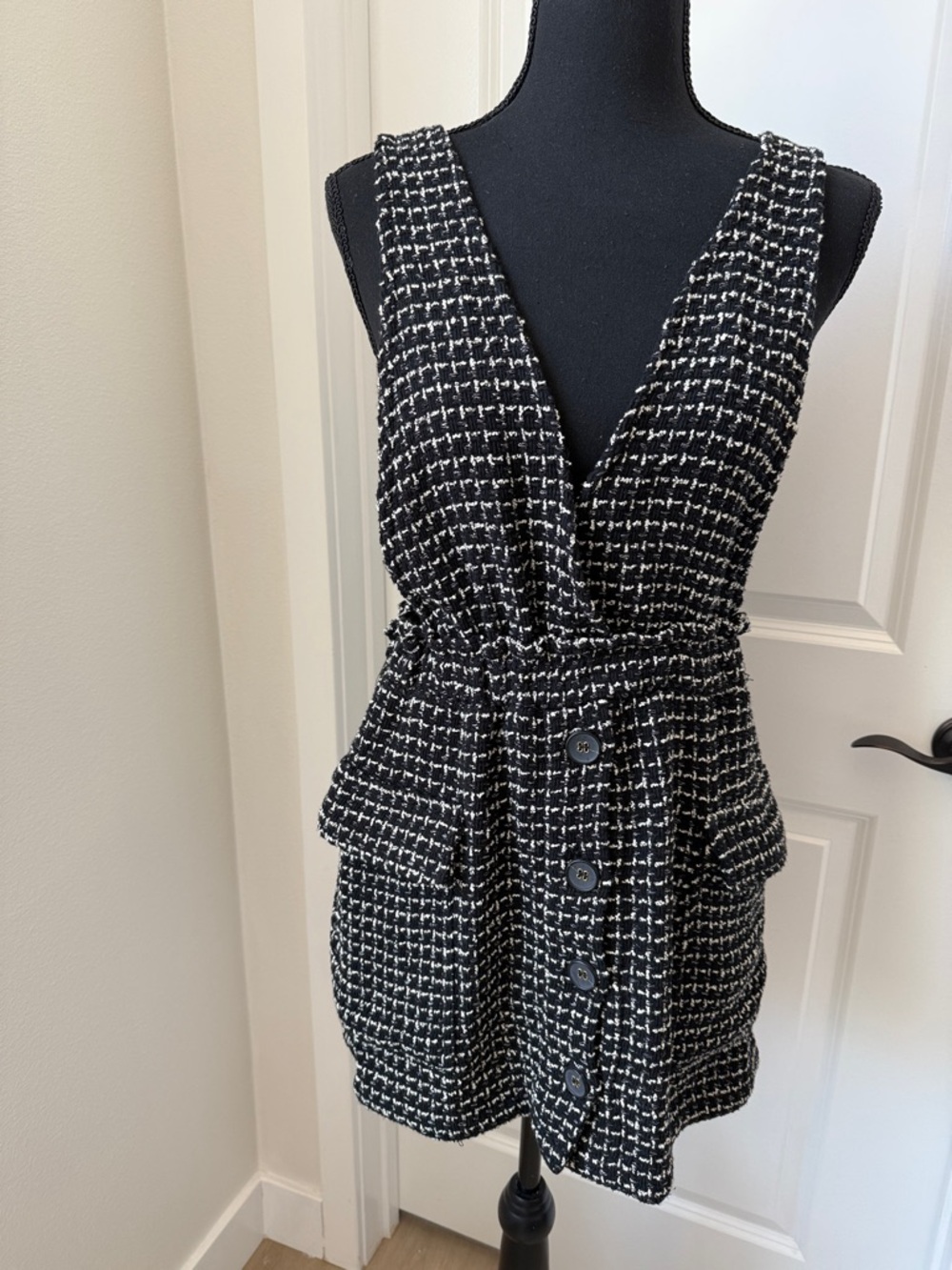 Zara Black and White Tweed Button-Front Mini Dress